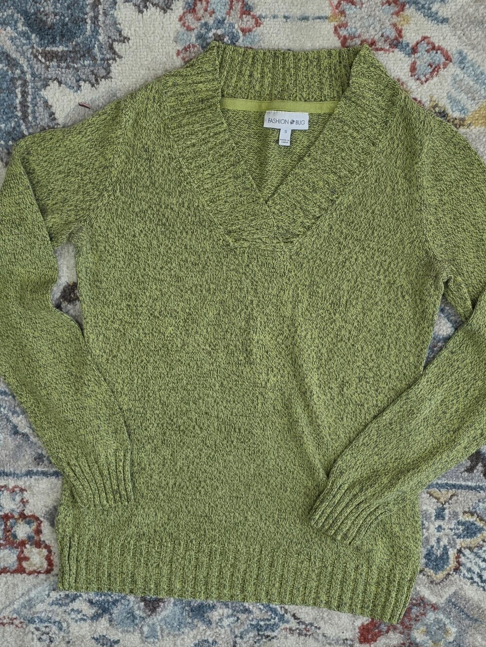 Fashion Bug Moss Green V-Neck Sweater Size S 100% Cotton